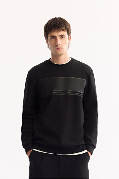 Avva Erkek Siyah Bisiklet Yaka Pamuklu Bi-Stretch Baskılı Regular Fit Sweatshirt A52Y1215