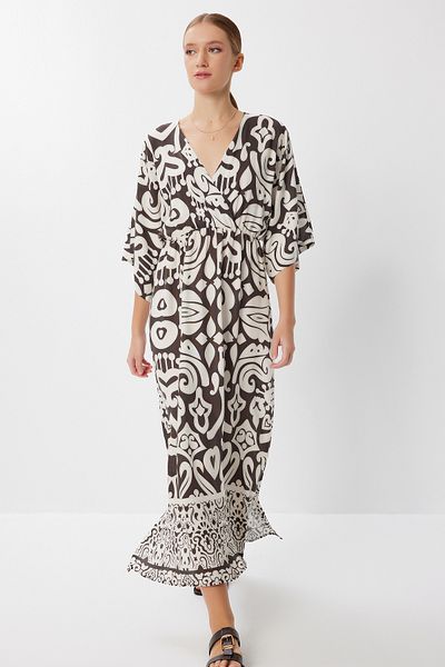 Lovelyİstanbul Patterned Wrap Collar Summer Viscose Dress Lzv0023 Brown Ecru