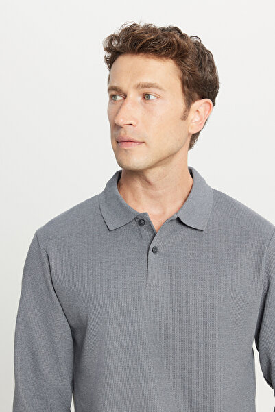 AC&Co / Altınyıldız Classics Erkek Gri Pamuklu Standart Fit Normal Kesim Polo Yaka Sweatshirt