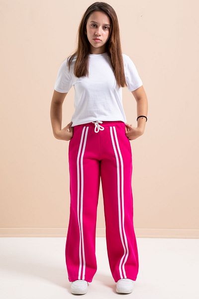 Cansın Mini Fuchsia Wide Leg Raised Girl's Basic Sweatpants with Stripes on the Front 21278
