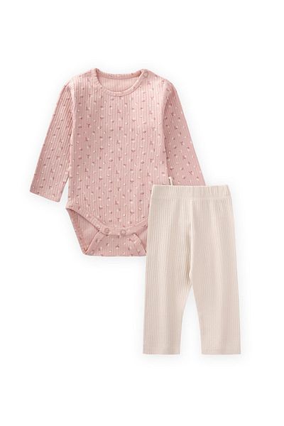 Cigit Patterned Long Sleeve Bodysuit Set 0-3 Years Powder Pink