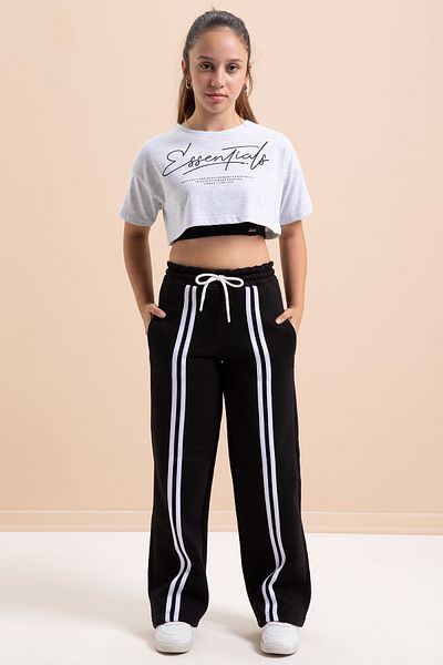 Cansın Mini Black Wide Leg Raised Girl's Basic Sweatpants with Stripes on the Front 21275