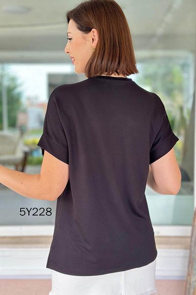 İnce Topuk Ribbed V-Neck Crystal Fabric Blouse 5Y228