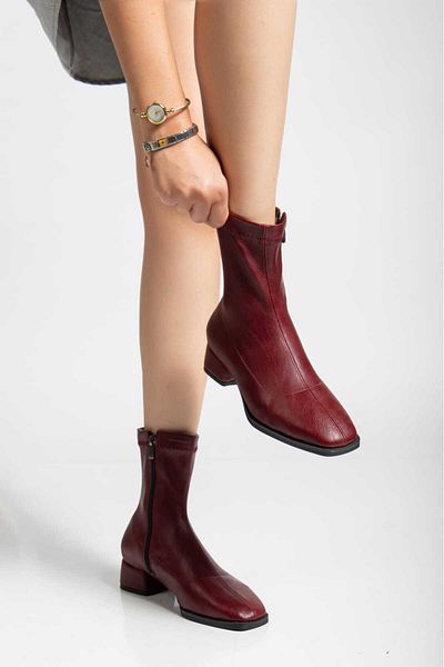 EYLÜLDEN MODA SHOES Frosty Low Heeled Tpu Sole Burgundy Skin Blunt Toe Side Zipper Stretch Boots