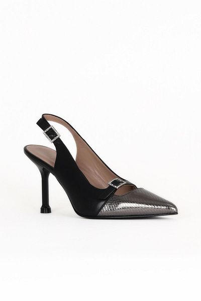 Bueno Shoes Black Leather-Steel Snake Women's Heeled Shoes 33Wg7588