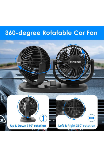 Mitchell 4-Inch Twin Vehicle Fan with 2-Speed Control, 12V DC, 6.5W Adjustable Dual Heads HX-T303C