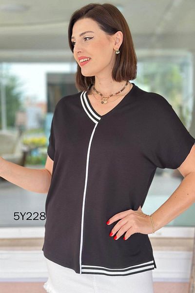 İnce Topuk Ribbed V-Neck Crystal Fabric Blouse 5Y228