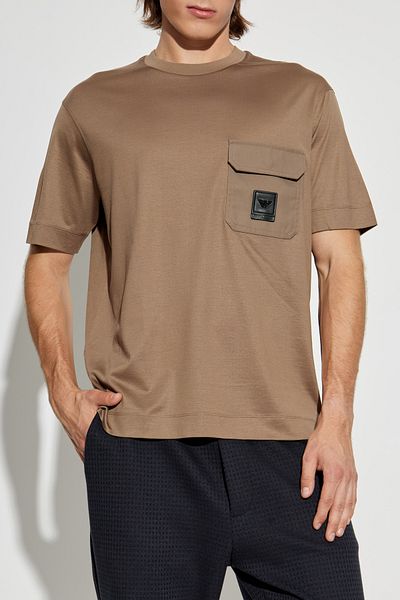 Emporio Armani Men's Crew Neck Pocket Detail Short Sleeve Cotton Brown T-Shirt Em002978 Af10761-U6189