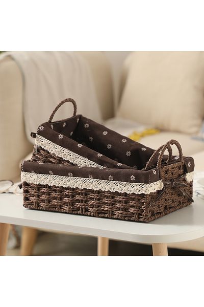 Cozy Nest Set of 2 Handwoven Storage Baskets with Handles Rectangular Woven Bins with Removable Fabric Liners