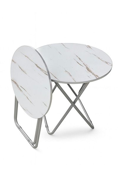 bakraj Round Folding Table - White Marble Design with Gold Lines 60*60
