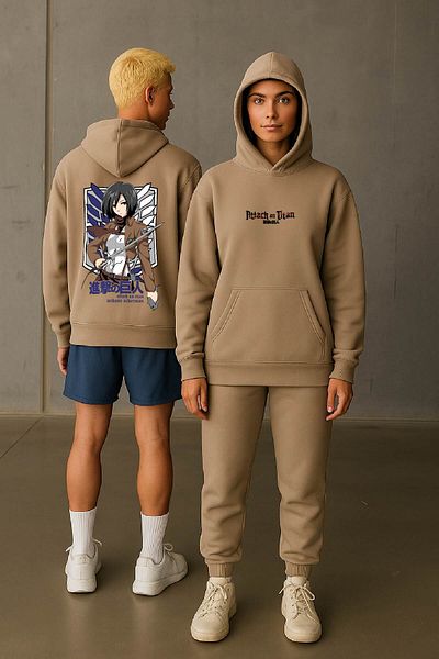 By Caspita Fashion Lenithra Attack on Titan Mikasa Anime Back Printed Unisex Oversize Beige Hoodie