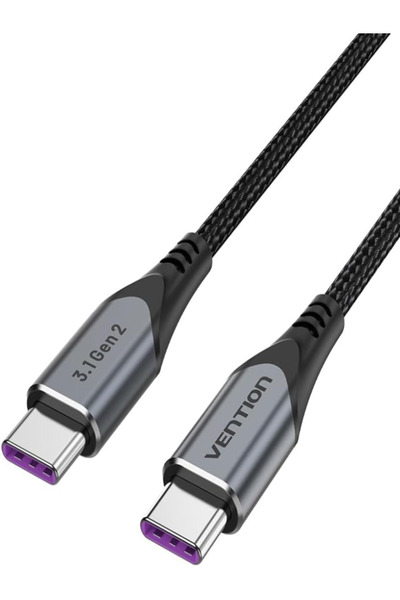 Vention كابل USB-C إلى USB-C 3.1 Gen2 بطول 1 متر، شحن سريع 100 وات، بيانات 10 جيجابايت في الثانية، دقة 4K بتردد 60 هرتز، رمادي