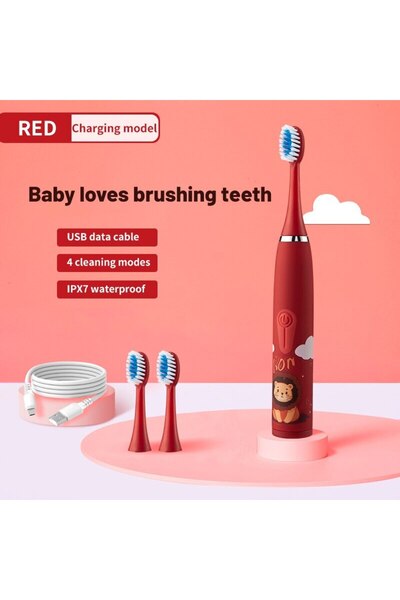 Choice1 فرشاة أسنان كهربائية للأطفال بثلاثة رؤوس، لون أحمر، رسوم متحركة ملونة، مع رؤوس بديلة، قابلة لإعادة الشحن بالموجات فوق الصوتية