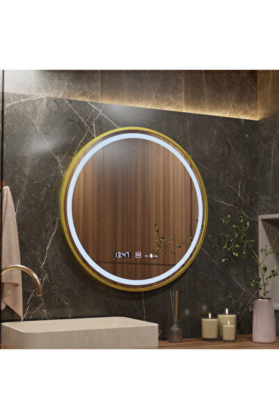 Alista Home Oglindă rotundă cu LED, 80cm, Celeste Royale Gold MotionGlow Marcello, Lumină caldă/neutru/rece, Sistem anti-aburire, Ceas și termometru, Reglabilă