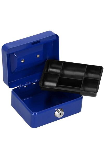 SERSIMO Safe-type money box, compartmentalized, with key, metal, 12.5x9.5x6.5cm, blue