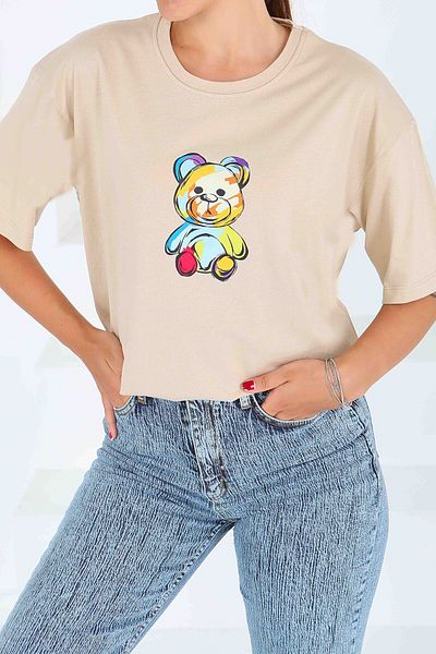 TOFİSA Printed Short Sleeve T-Shirt Beige - 27545