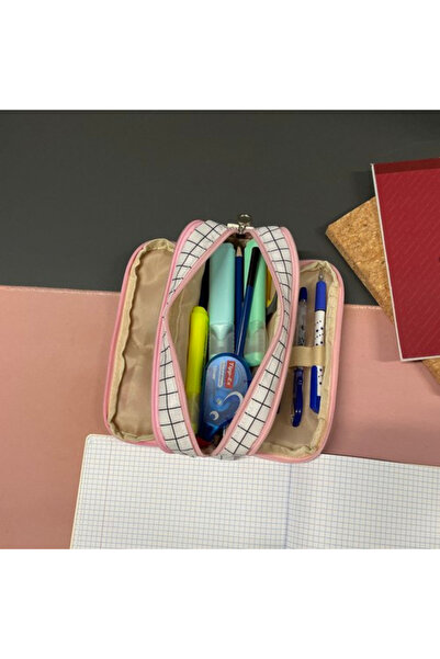 zola Σχολική κασετίνα χωρίς εξοπλισμό, 3 διαμερίσματα, τσέπες, θήκες για στυλό, καρό, λευκό/μαύρο/ροζ