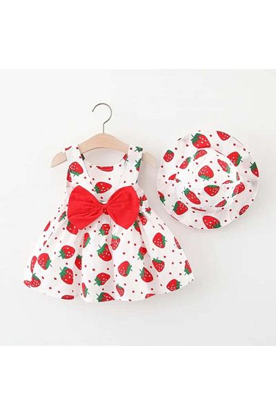 Little Dress Rochie de vara cu capsuni, funda rosie si palarie asortata
