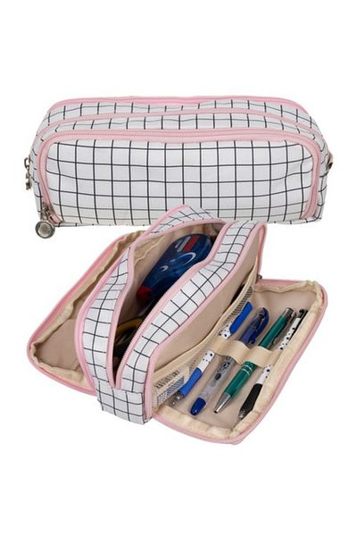 zola Unequipped school pencil case, 3 compartments, pockets, pen holders, plaid, white/black/pink