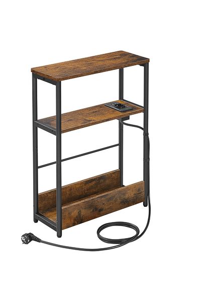 VASAGLE Narrow Table with Socket and USB Charging Ports, 3 Shelves, 45x18x58 cm, Rustic Brown