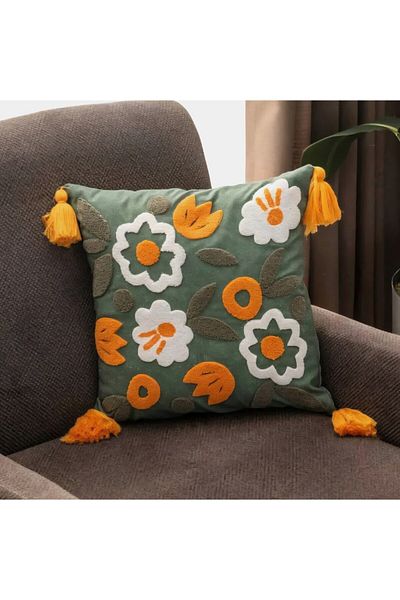 white guard Punch Embroidered Flower Pattern Decorative Pillow – 43X43 Cm, Zippered, Filled