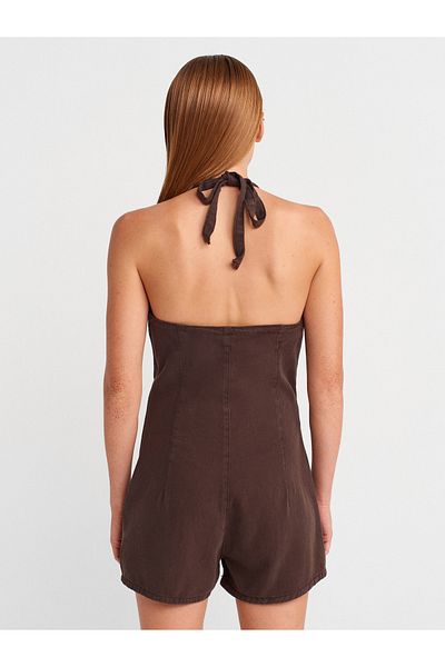 Dilvin 72029 Halter Neck Short Denim Jumpsuit-Brown