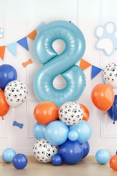 PARTİAVM 8 Years Old Blue Number Birthday Balloon Set Hero Dogs and Party Decor with Paw Pattern and Balloons