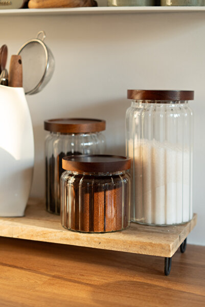 Dekorzdükkan 3'lü Akasya Kapaklı Çizgili Model Yüksek Hacimli Kavanoz Seti (650+ 1100 +1500ml)