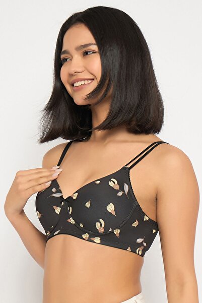Clovia Padded Non-Wired Full Coverage Floral Print T-shirt Bra in Black