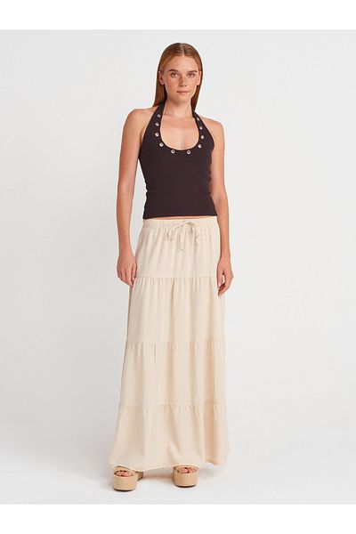 Dilvin 80588 Elastic Waist Gathered Denim Skirt-Stone
