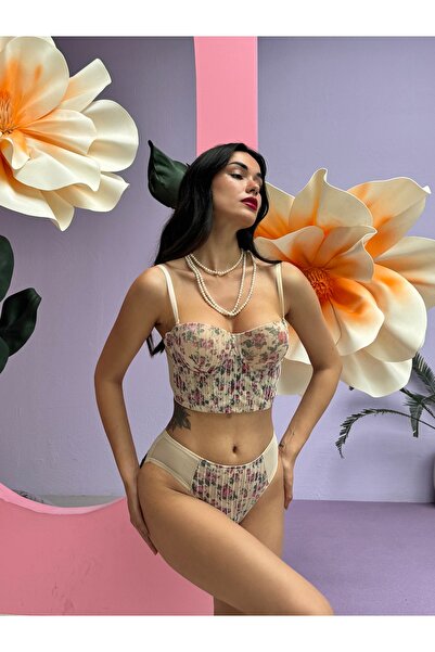 Pardon Silvery Floral Pattern Supported Bustier Suit (682t)