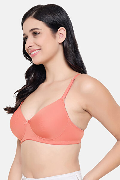 Clovia Padded Non-Wired Full Coverage Self-Striped Multiway T-shirt Bra in Peach