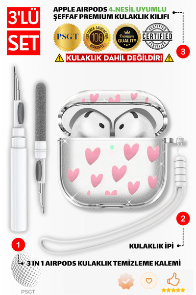 PSGT Apple AirPods 4.Nesil 3'ü1 Arada Silikon Kılıf Kapak + Temizleme Kalemi+ Kulaklık ipi
