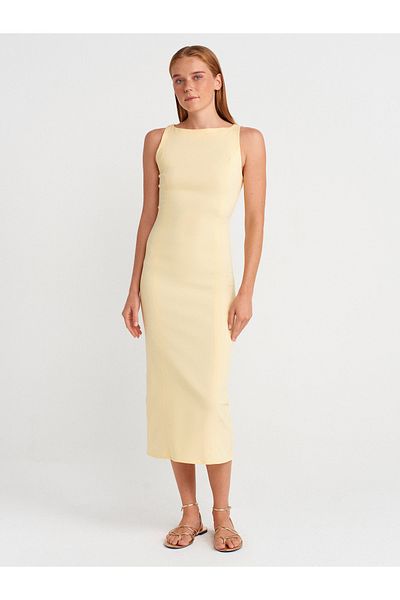 Dilvin 91099 Body Fitting Midi Dress-Light Yellow