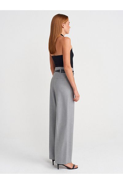 Dilvin 72153 Belted High Waist Trousers-Grey