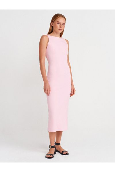 Dilvin 91099 Body Fitting Midi Dress-Powder Pink