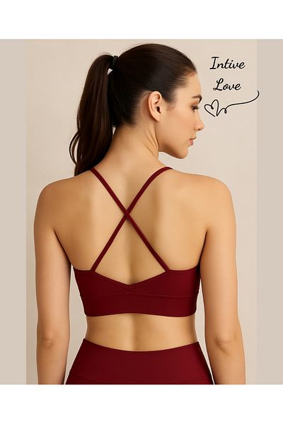 İntive Lingerie Aurafit Back Cross Deep Decollete Sports Bra with String Straps/Bustier-9026/Burgundy