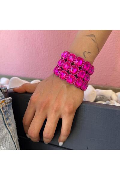 neslyaccessories Renkli Taşlı Esnek Bileklik (Fuşya)