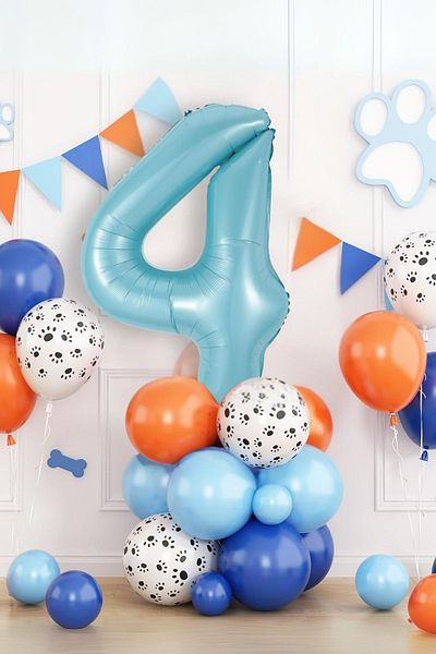 PARTİAVM 4 Years Old Blue Number Birthday Balloon Set Hero Dogs and Party Decor with Paw Pattern and Balloons