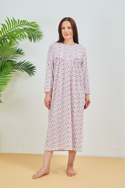 AYSUN TEKSTİL Cotton Fabric Wide Cut Sleeve Cuffs Button Collar Detail Pink Flower Printed Printed Nightgown
