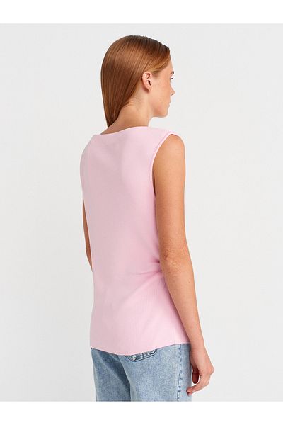 Dilvin 10778 Boat Neck Draped Slim Knitwear Blouse-Pink