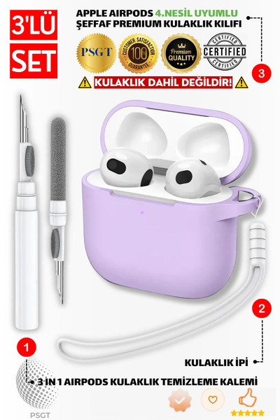 PSGT Apple AirPods 4.Nesil 3'ü1 Arada Silikon Kılıf Kapak + Temizleme Kalemi+...