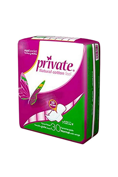 PRİVATE فوط صحية نسائية مضغوطة ومطوية، عادية بأجنحة، 30 فوطة