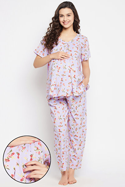 Clovia طقم بيجاما وقميص من مجموعة Feeding Pretty Florals باللون البنفسجي - ال...