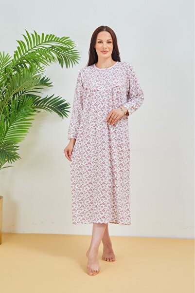 AYSUN TEKSTİL Cotton Fabric Wide Cut Sleeve Cuffs Button Collar Detail Pink Flower Printed Printed Nightgown