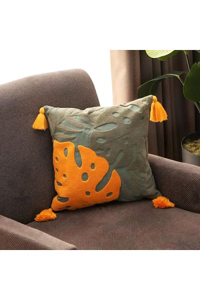 white guard Punch Embroidered Tropical Leaf Pattern Decorative Pillow – 43X43 Cm, Zippered, Filled