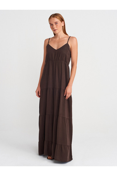 Dilvin 90573 Μακρύ τζιν φόρεμα με κορδόνι-Καφέ