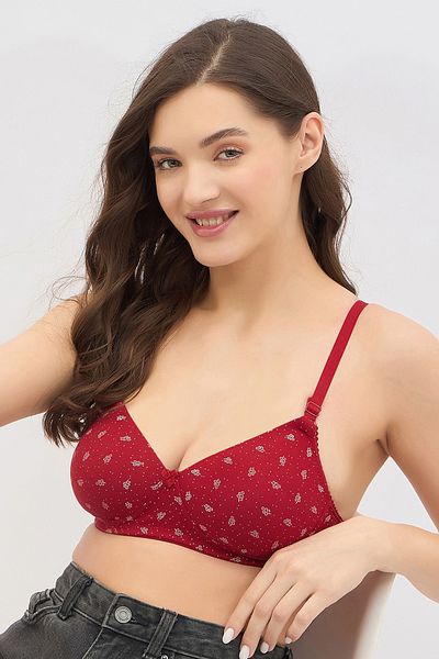 Clovia Padded Non-Wired Full Coverage Printed Multiway T-shirt Bra in Maroon - Cotton