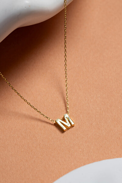 Elika Silver 925 Ayar Gümüş Üç Boyutlu M Harfi Gold Kolye