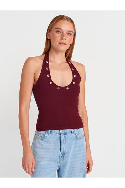Dilvin 21162 Halter Neck Top-Burgundy